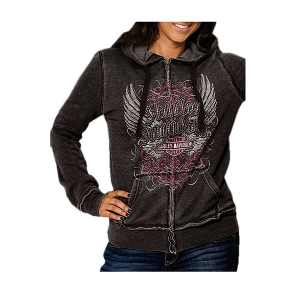 Harley-Davidson Women's Ornamental Wing B&S Zip-Up Hoodie, Washed Dark Gray (XL), Harley Davidson