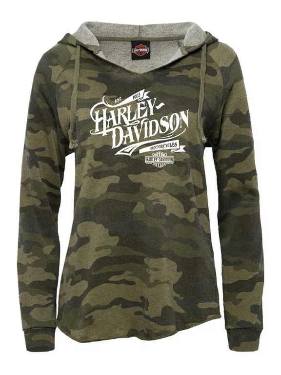 Harley-Davidson Women's Release Camo Raw-Edge Curved Hem Pullover Hoodie (2XL)