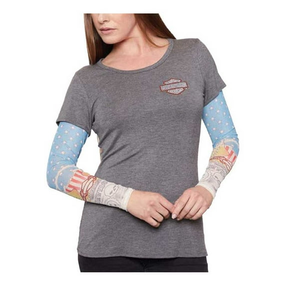 Harley-Davidson Women's Rhinestone American Tattoo Mesh Long Sleeve Shirt (1X), Harley Davidson
