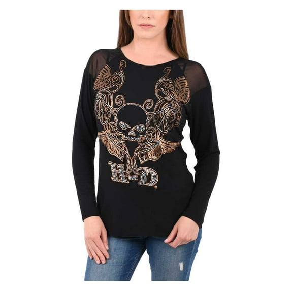 Harley-Davidson Women's Rhinestone Willie G Skull Mesh Long Sleeve Shirt (S), Harley Davidson