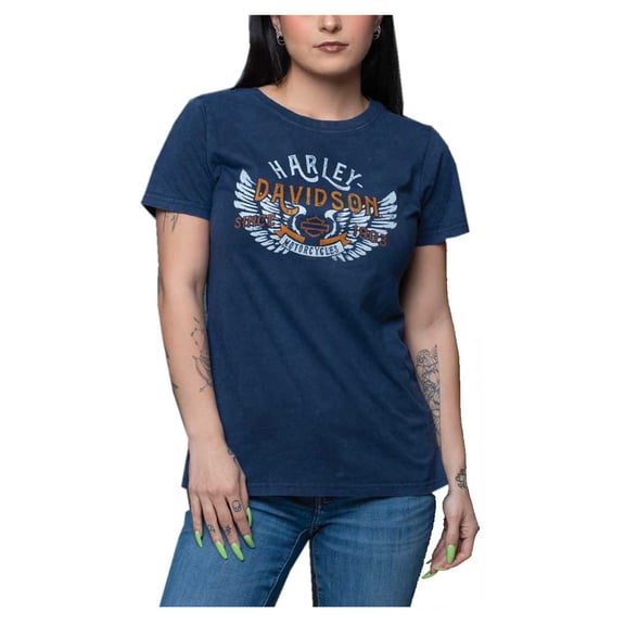 Harley-Davidson Women's Sepia Wing Short Sleeve Crew-Neck T-Shirt, Navy (2XL), Harley Davidson