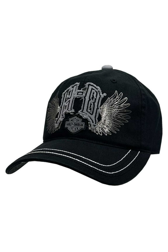 Women's Spiked Monogram Frayed H-D Baseball Cap w/ Silver Wings, Harley Davidson