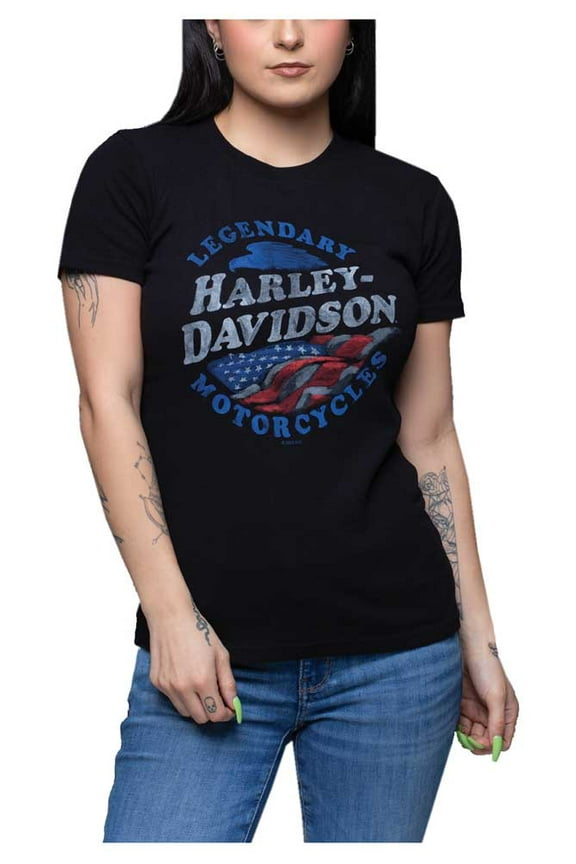 Women's Stand Up Crew-Neck Short Sleeve Cotton Tee – Black (XL), Harley Davidson