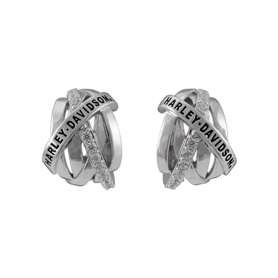 Harley-Davidson Women's Twisted Bling H-D Huggie Hoop Earrings - Sterling Silver, Harley Davidson