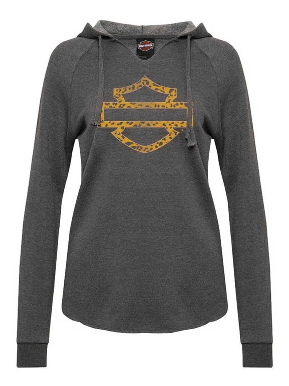 Harley-Davidson Women's Wild Raw-Edge Curved Hem Pullover Hoodie, Gray (XL)