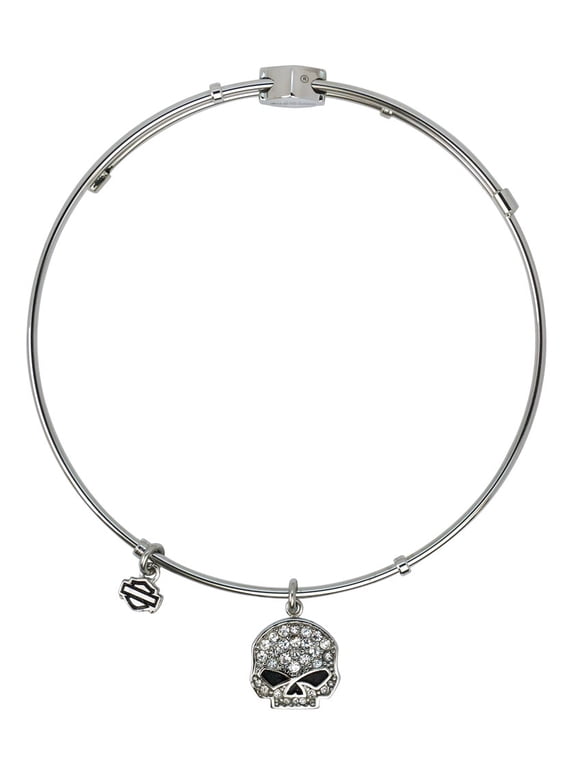 Womens Bangle, White Bling Willie Skull Charm Bracelet HSB0043-7, Harley Davidson