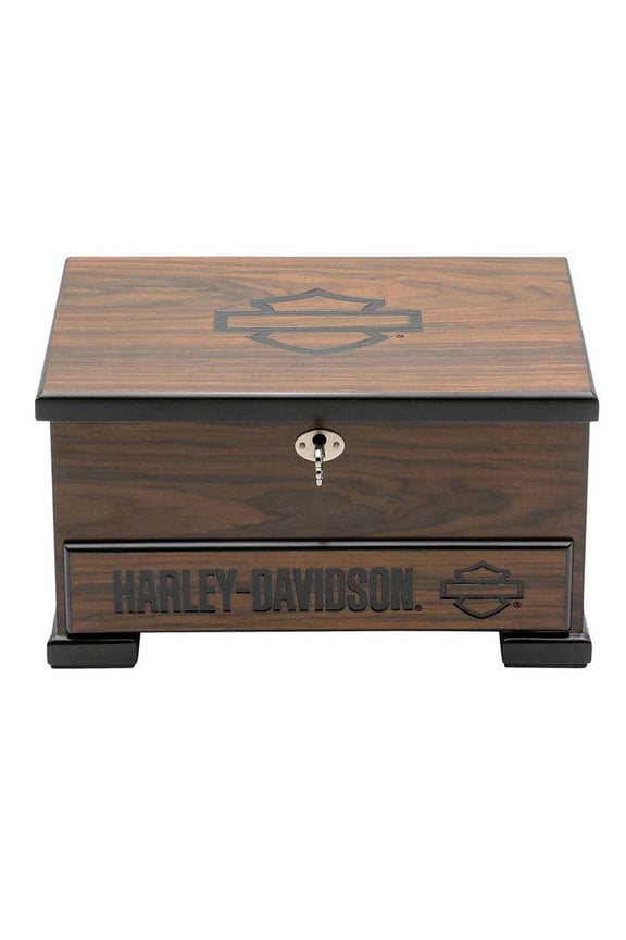 Wooden Jewelry Box Storage, Dark Brown Finsh, Locking Lid, Harley Davidson