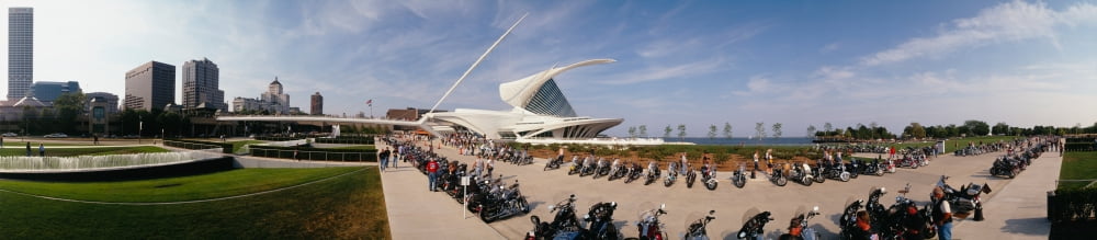 Harley Davidson motorcycles parked at a convention Milwaukee Art Museum Milwaukee Wisconsin USA Canvas Art - Panoramic Images (55 x 12)
