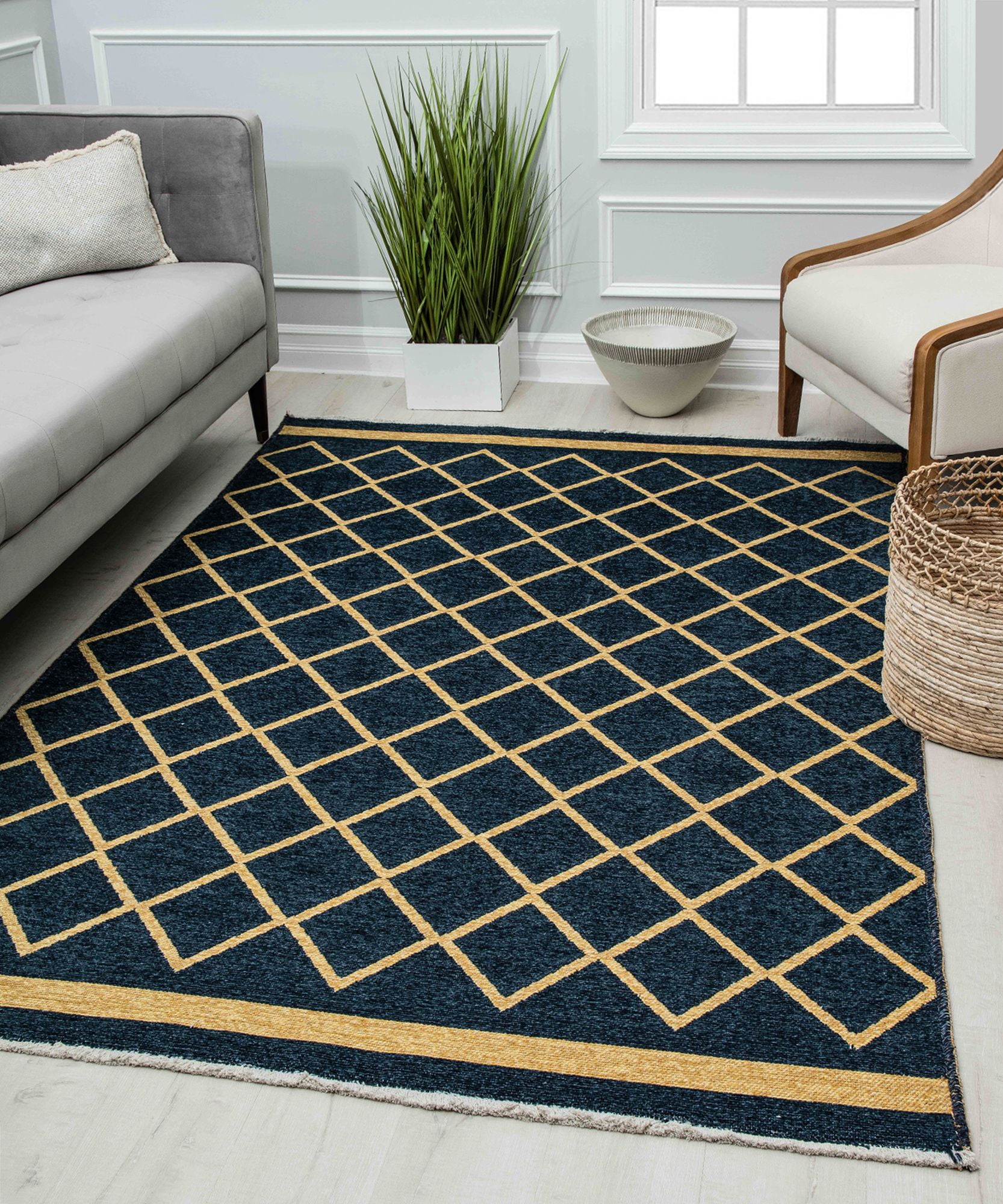 Imperial Navy Gold Chenille 18" Square Reversible Accent Rug