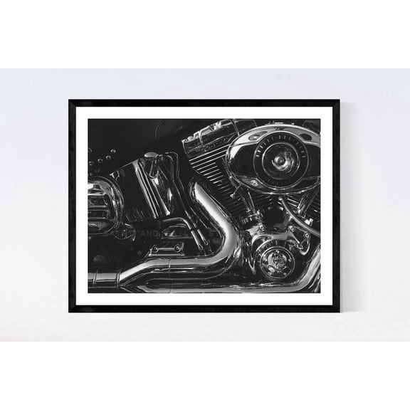 Harley Motorcycle Engine Wall Art Print, Black And White Chrome Photography