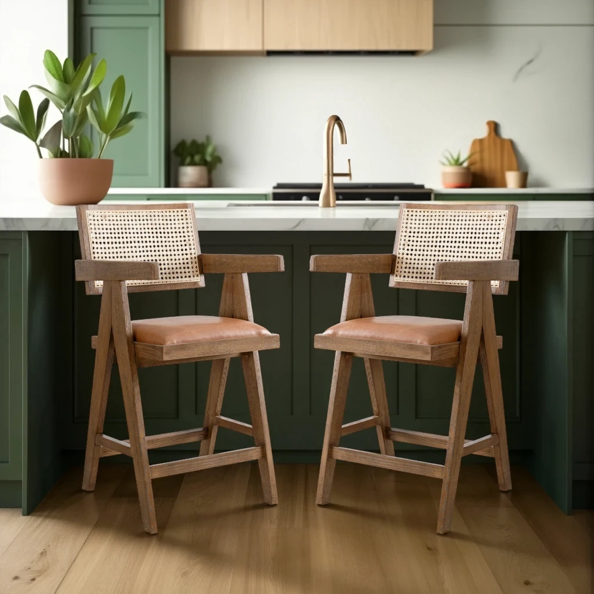 Harley Nutmeg Brown Solid Wood and Rattan Upholstered 26" Counter Height Barstool with Red/Brown Faux Leather Seat - Set of 2