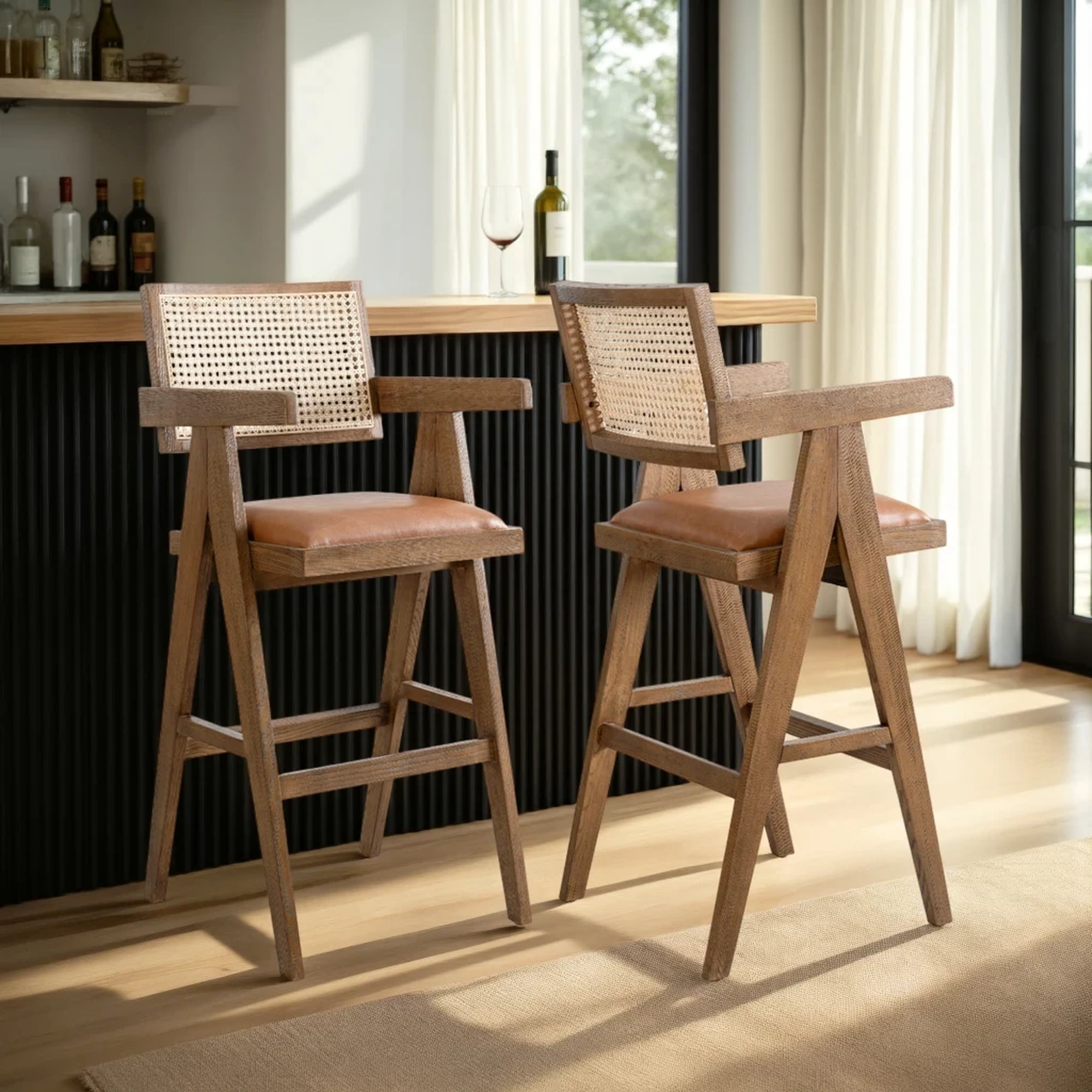 Harley Nutmeg Brown Solid Wood and Rattan Upholstered 30" Bar Height Barstool with Red/Brown Faux Leather Seat - Set of 2