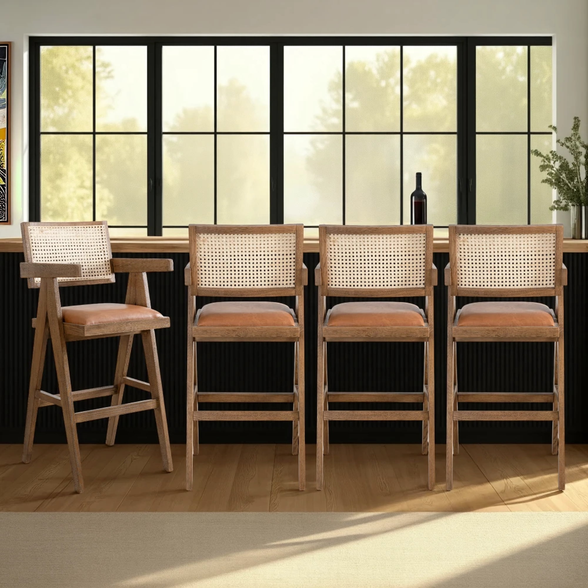 Harley Nutmeg Brown Solid Wood and Rattan Upholstered 30" Bar Height Barstool with Red/Brown Faux Leather Seat - Set of 4