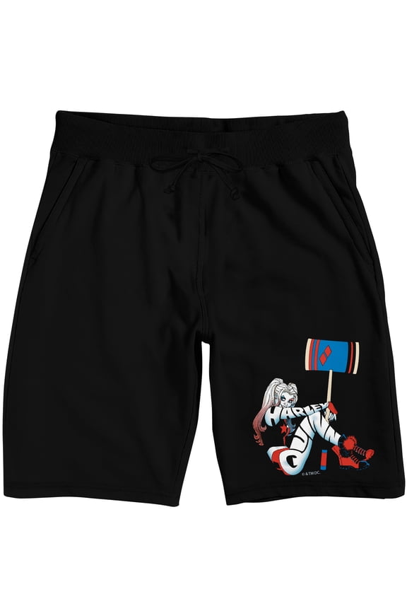 Harley Quinn Animated Hammer Men's Black Lounge Shorts-Large