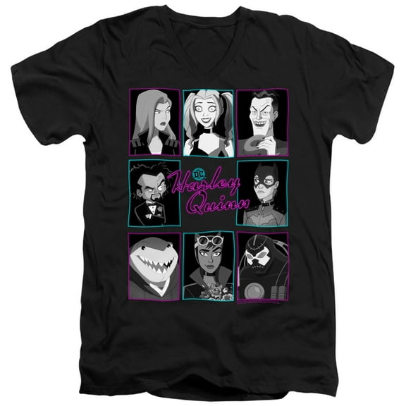 Harley Quinn Animated Series Group Heads Unisex Adult V-Neck T Shirt (Large) Black
