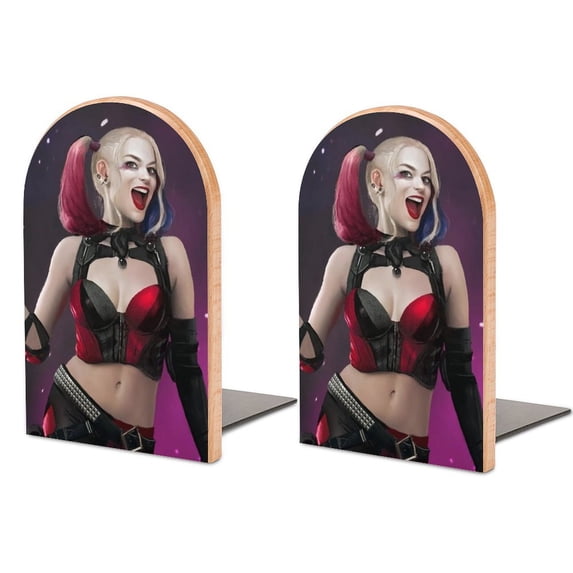 Harley Quinn Bookends Wood Book Divider Decor Shelves Non-Skid Book Stand 2 Pieces For Classroom Dormitory Bookshelf Office Home