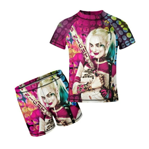 Harley Quinn Boys 2-Piece Swimsuit Set, Short Sleeve Rash Guard & Swim Trunks