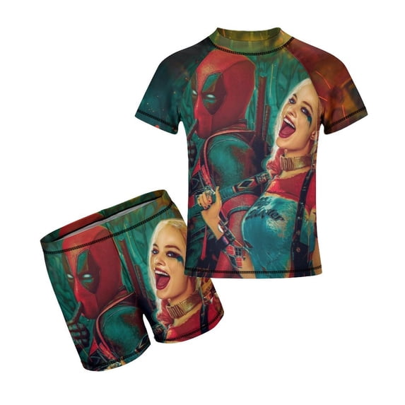 Harley Quinn Boys 2-Piece Swimsuit Set, Short Sleeve Rash Guard & Swim Trunks