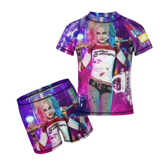 Harley Quinn Boys 2-Piece Swimsuit Set, Short Sleeve Rash Guard & Swim Trunks