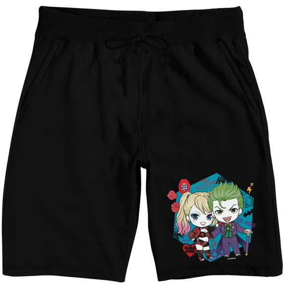Harley Quinn Chibi Harley & Joker Men's Black Sleep Pajama Shorts-XL