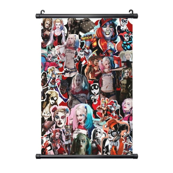 Harley Quinn Hanging Poster, Black Plastic Shaft Wall Hanging Posters Scroll Hanger, Canvas Artwork Wall Art Painting Decor for Living Room Bedroom Office 16"X24"