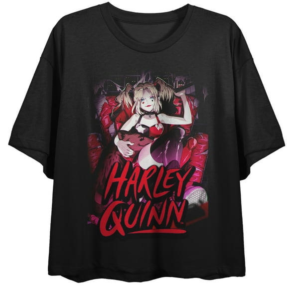Harley Quinn Heart & Thorns Art Crew Neck Short Sleeve Women's Black Crop T-shirt-Medium