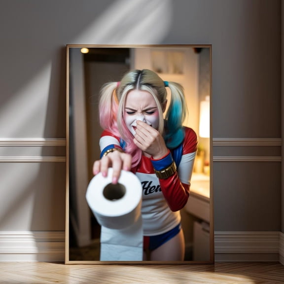 Harley Quinn Inspired Funny Bathroom Wall Art - Superhero Toilet Poster - Marvel Fan Gift - Comic Villain Print - WC Wall Decor