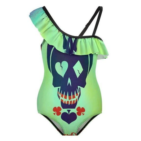 Harley Quinn Logo One-Piece Swimsuit for Girls Adjustable One Shoulder Ruffled Swimwear Summer Beach Kids Bathing Suits Sizes 6-12Y