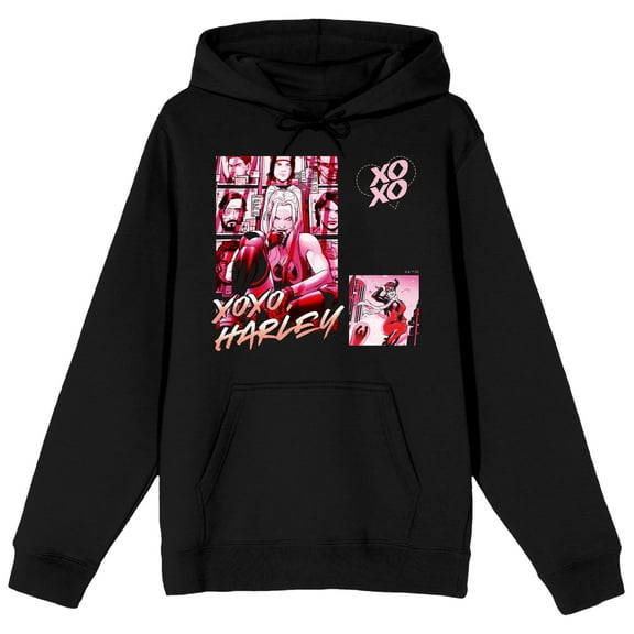 Harley Quinn Placement Art Long Sleeve Black Adult Hooded Sweatshirt-Medium