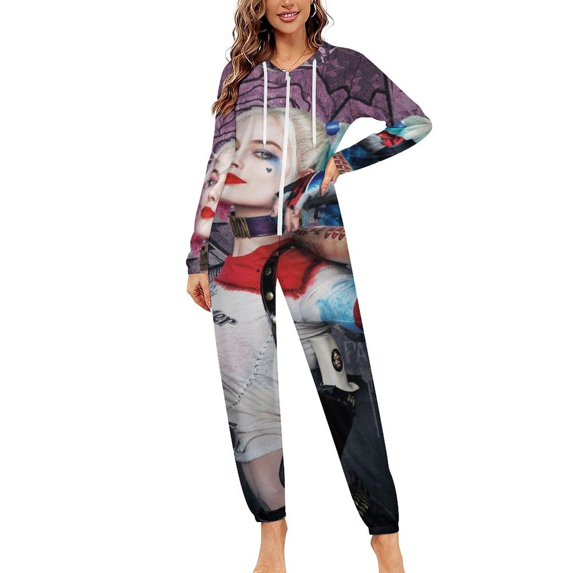 Harley Quinn Women Men Pajamas Zipper Onesie Jumpsuit Hooded One Piece Sleepwear