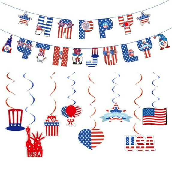 Harlier 4th of July Memorial-Day Party Decorations Streamers, 8Pcs Red Blue White USA Patriotic Hanging Swirl Ceiling Decor, 2 PCS America Independence Holiday Birthday Banner Supplies
