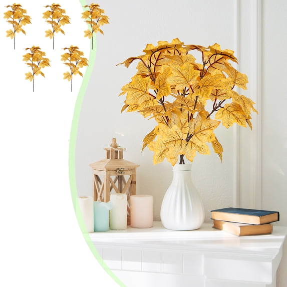 Harlier 5Pcs Artificial Maple Leaves Branches, 13.4" Fake Fall Maple Shrubs Faux Autumn Maple Leaf Stems Plant for Home Office Table Centerpieces Wedding Thanksgiving Decor