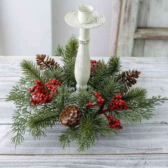 Harlier Artificial Cedar and Berry Candle Rings, Christmas Candle Holder Rings, Faux Cedar Twigs Mini Window Mirror Wreaths with Pine Cones Holly Leaves for Holiday Season Winter