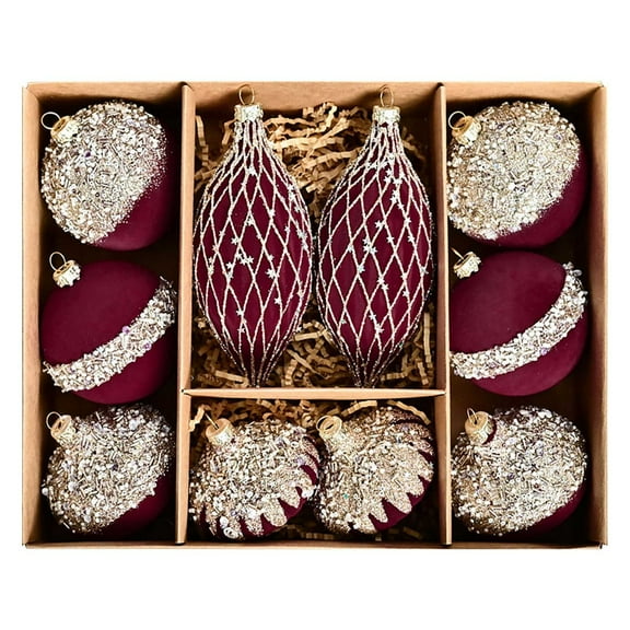 Harlier Christmas Ball Ornaments Set, 10PCS Special Shaped Flocking Baubles Pendant Decorations, Shatterproof Christmas Ornaments Set for Xmas Tree Holiday Wedding Party (Burgundy Red)