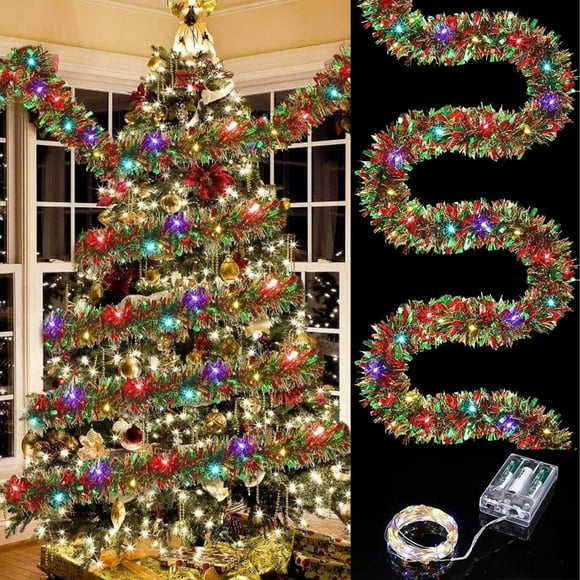 Harlier Christmas Prelit Tinsel Garland, 16.4 Ft Multicolor Hanging Garland with Multicolored Battery Operated LED String Lights for Christmas Tree Decoration Party Supplies