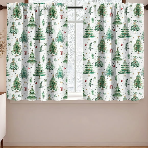 Harlier Christmas Sheer Kitchen Curtains, White-Green Christmas Tree Pattern Tier Curtains, Light Filtering Rod Pocket Short Curtains for Bedroom Laundry Room Bathroom, 29.9" W x 23.6" L