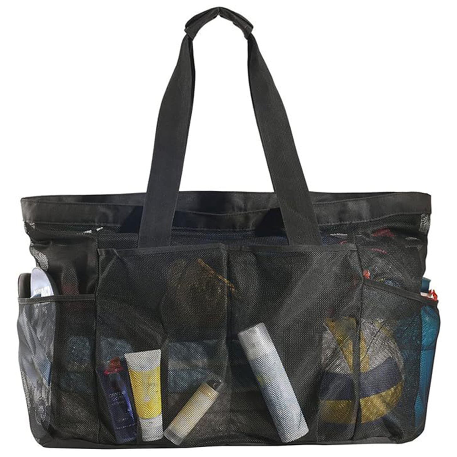 FONYFA Extra Large Mesh Beach Tote Bag - 14x12x5", 8 Mesh Pockets, Splash-Proof Zipper Pocket, Black/White