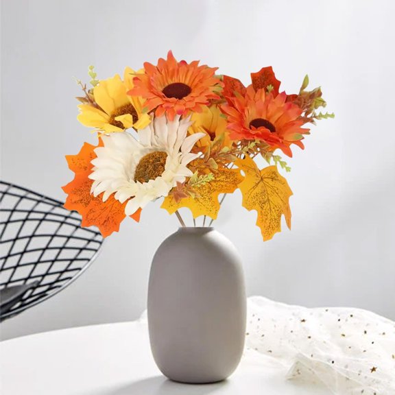 Harlier Fall Decorations for Home, 13.8 Inch Artificial Silk Pumpkin Sunflower and Maple Leaf Bouquet Branches for Thanksgiving Harvest Autumn Tabletop Home Kitchen Decor