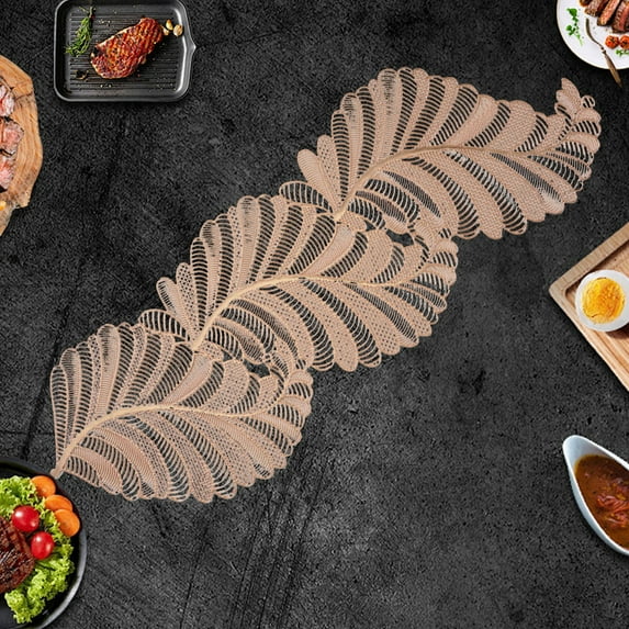 Harlier Golden Table Runner, 36.6 Inch PVC Heat Resistant Hollow Leaf Shaped Vinyl Table Runner, Non-Slip Waterproof Washable Table Mats, Table Runner for Party Wedding Decorations