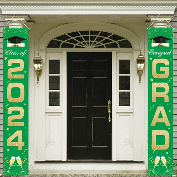 Harlier Graduation Porch Sign Banner, Green and Gold 2024 GRAD Door Banner, Class of 2024 Congrats Grad Hanging Banner Flag for High School and College Graduation Party Decorations