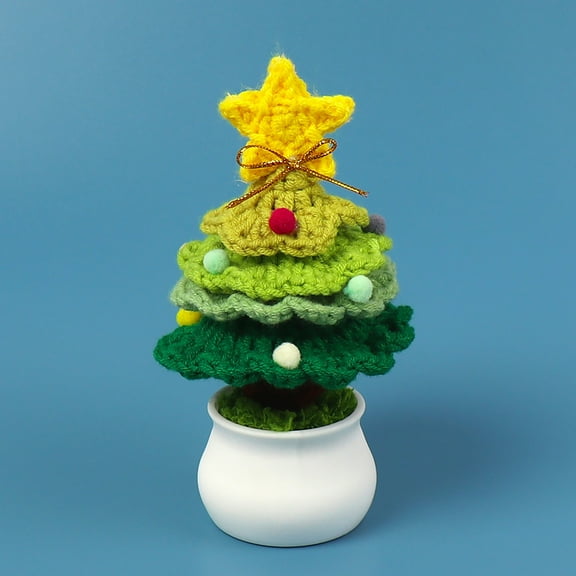 Harlier Handmade Crochet Christmas Tree Potted Plant, Colorful Mini Knitted Christmas Tree with Exquisite Pot, Decorated with Plush Poms, Bows and Star for Car Home Office Decoration