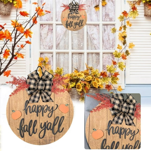 Harlier Happy Fall Y'all Pumpkin Bow Front Door Sign, Autumn Maple Leaves Coffee Wood Door Hanger, Outdoor Outside Porch Decor, Seasonal Farmhouse Wooden Wreath Wall Hanging Decoration