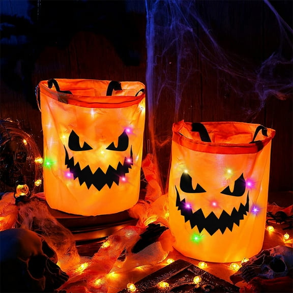 Harlier LED Light Halloween Candy Bags, Light up Trick or Treat Bags Reusable Pumpkin Bucket, Collapsible Multipurpose Halloween Baskets for Kids Birthday Party Goody Favors (Orange)