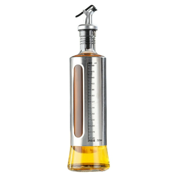 Harlier Oil Dispenser Bottle, Glass Olive Oil and Vinegar Dispenser Bottle with Shelf, 17oz/500ml Oil and Vinegar Dispenser Wrapped in Stainless Steel Shell for Kitchen Cooking