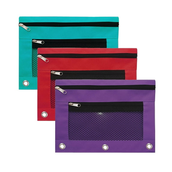 Harlier Pencil Pouch for 3 Ring Binder, 3 PCS Double Layer Binder Pencil Case with Zipper Puller, Transparent PVC Mesh Window Oxford Pencil Holder Pencil Cases, Smooth Metal Zipper Pencil