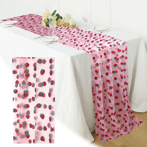 Harlier Pink Table Runner, Embroidered Strawberry Net Fabric Cloth Rustic Gauze Table Runner, 70 x29 Inch for Wedding Baby Shower Bridal Party Sheer Boho Spring Home Decorations