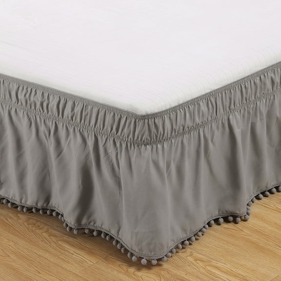 Harlier Pom Pom Velvet Bed Skirt, 15.7 Inch Drop Dust Ruffle Bed Skirt, Soft Cozy Wrap Around Fitted Sheet, Fitted Bed Sheet with Skirt, Bedding Decor Fringe Bedspread (Gray, Queen)