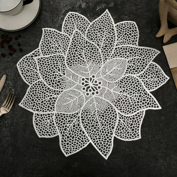 Harlier Silver Round Placemats for Dining Table, Pressed Vinyl Metallic Table Mats, Hollow Out Hibiscus Flower Place Mats for Dinner Table Decor Holiday Wedding Accent Centerpiece
