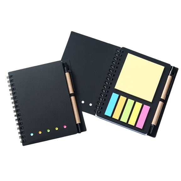 Harlier Spiral Notebook, Pads Lined Notepad with Pen in Holder, Sticky Notes, Page Marker Colored Index Tabs Flags, 5.7" x 4.7" Kraft Paper Cover Small Pocket Notebooks (Black)