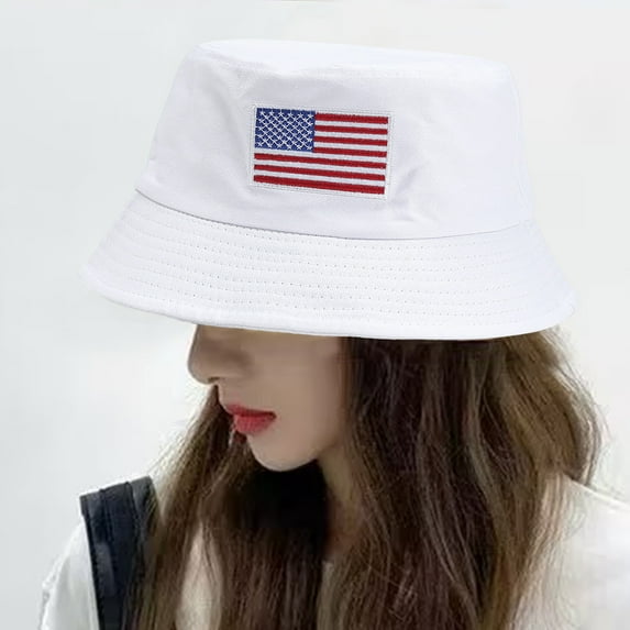 Harlier White Flag Bucket Hat, Independence Day Packable Fashion Sun Cap, Outdoor American Flag Fisherman Hat for Women Men Boys Girls